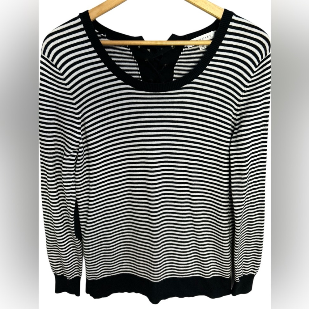 DownEast Women’s Black White‎ Striped Lace Back Elbow Patch Nautical Sweater Med